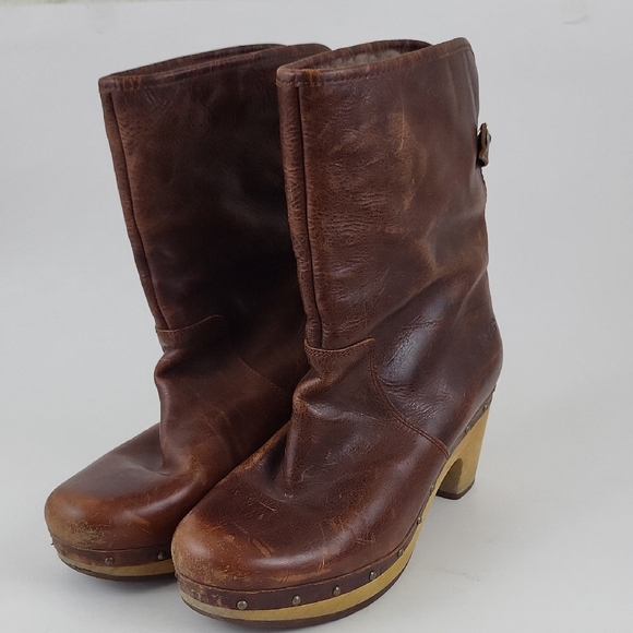 UGG Fold Over Shearling Leather Brown Mid Calf Lynnea II 1001793 Clog Boot Sz 8 - Picture 4 of 15